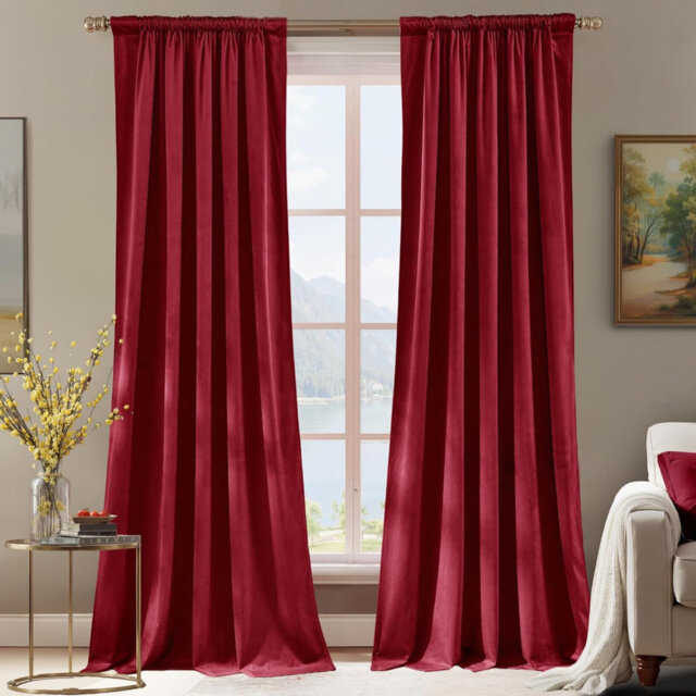 Christmas Red Velvet Blackout Curtains Pencil Pleat Curtains Thermal Insulated Luxury Drapes with Rod Pocket 52 x 90 Inches, 2 Panels
