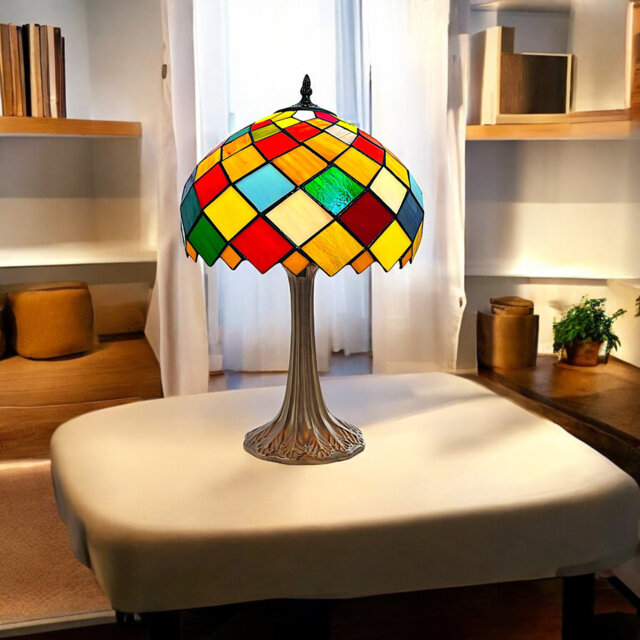 Tiffany Style Table Lamp, 49cm Height, Stained Glass Shade, Antique Bronze Leaf Base