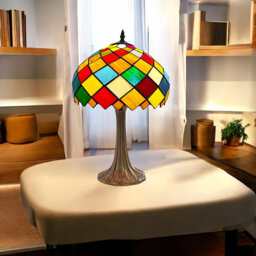 Tiffany Style Table Lamp, 49cm Height, Stained Glass Shade, Antique Bronze Leaf Base