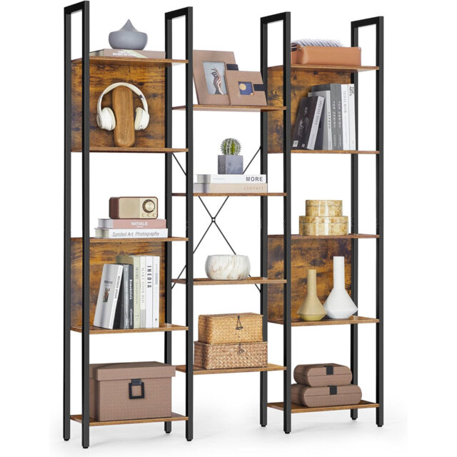 Bookcase, Bookshelf With 14 Shelves, Metal Frame, Shelf Unit For Living Room, Home Office, Industrial Style, 24 X 128 X 166 Cm, Rustic Brown
