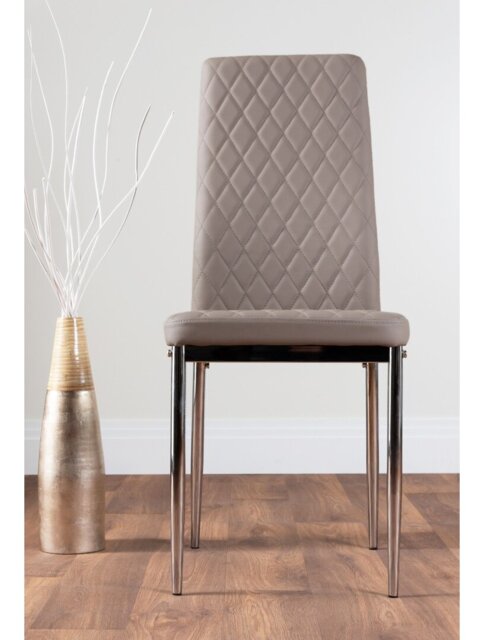 Tierra Modern Chrome Metal & Glass Round Dining Table Set with 6 Quilted Faux Leather Chairs