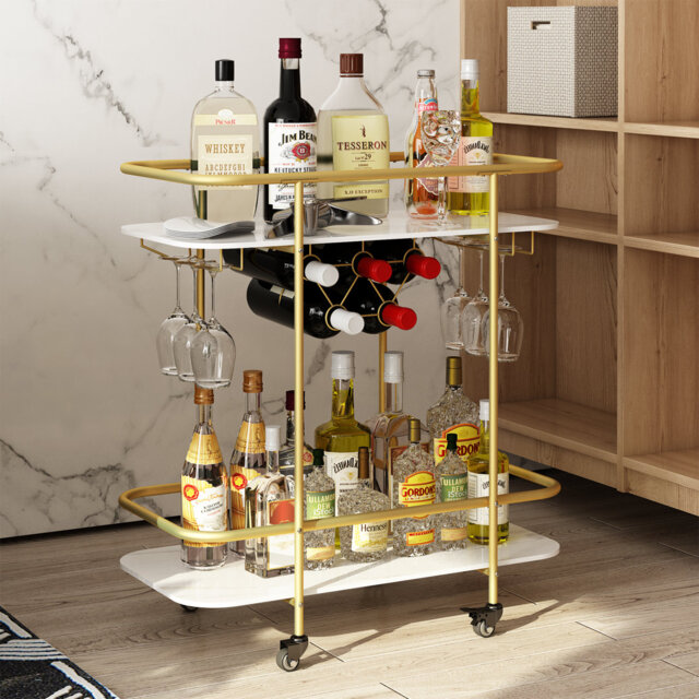 Ahmarria 2-Tier Bar Cart on Wheels with Wine Rack and Glass Holder, Drink Trolley for Home, Party