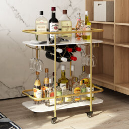 Ahmarria 2-Tier Bar Cart on Wheels with Wine Rack and Glass Holder, Drink Trolley for Home, Party