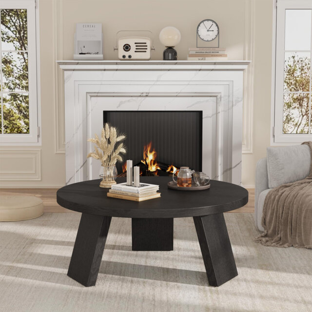 Round Coffee Table, Farmhouse Small Wooden Coffee Table with 3 Strong Legs, Easy Assembly, 33.5'' x 15.7'', Walnut
