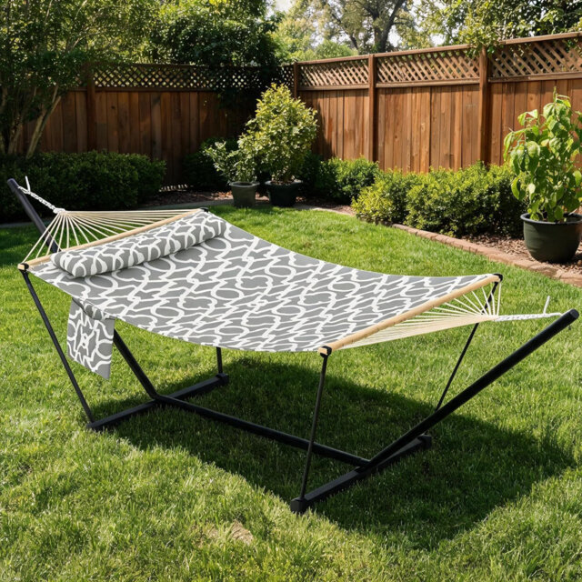 3.6m 2 Person Double Outdoor Hammock with Curved Wooden Spreader Bar, Light Grey Hammock with Detachable Pillow Chains & T-Shaped Bracket, 204kg Weigh