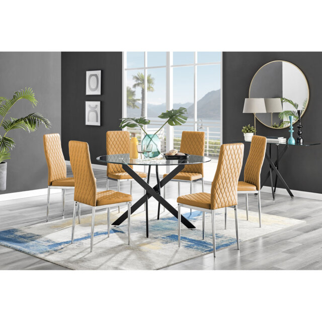 Tierra Modern Chrome Metal & Glass Round Dining Table Set with 6 Quilted Faux Leather Chairs