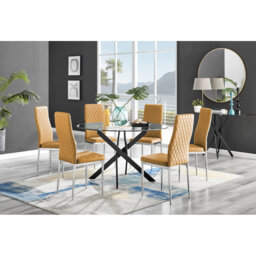 Tierra Modern Chrome Metal & Glass Round Dining Table Set with 6 Quilted Faux Leather Chairs