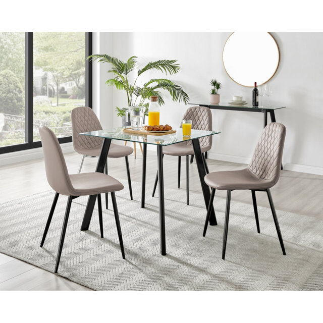 Scandinavian Style Glass and Metal Leg Square Dining Table Set - 4 Modern Faux Leather Dining Chairs