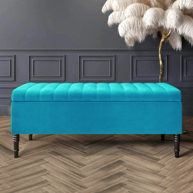 Paris Striped Ottoman Storage Bench - Upholstered Plush Velvet Shoes Bench with Black Turned Wooden Legs