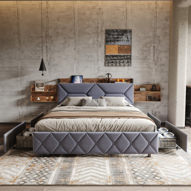 Fabric Bed Frame With Headboard Storage, USB Ports, Extended Side Shelves & 4 Drawers â Metal Frame