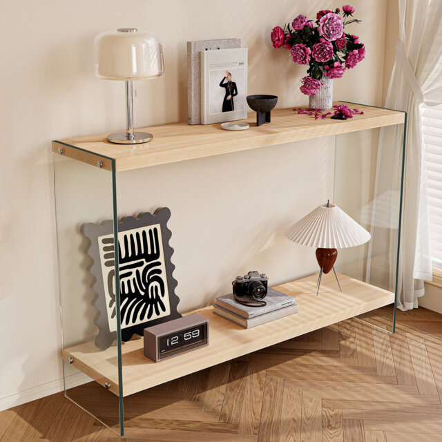 Rectangular Tempered Glass Console Table Entryway Storage Table With Wood-toned Mdf Top And Storage Shelf For Hallway, Living Room, Foyer, Apartment,