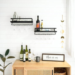 Wall Mounted Wine Bottle & Glass Rack Black