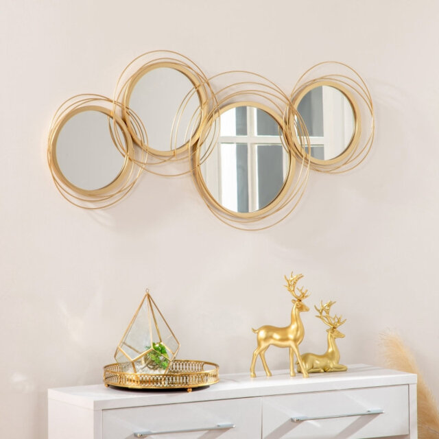 Silver Circular Wall Mirror Set of 4, Layered Ring Metal Frame Decorative Mirror, Modern Wall Sculpture for Living Room/Bedroom/Entryway, 107cm W x 56