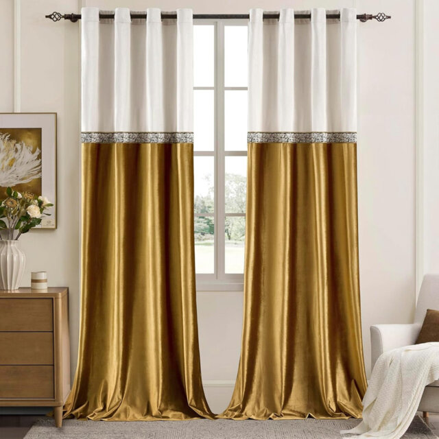 Ivory Gold Velvet Curtains 46 x 90 Inches 2 Panels Elegant Soft Eyelet Blackout Curtains