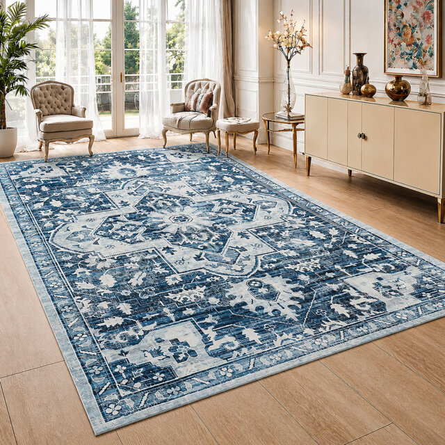 Soft Cashmere Feel Area Rug – Non Slip Low Pile Living Room & Bedroom Carpet, Machine Washable