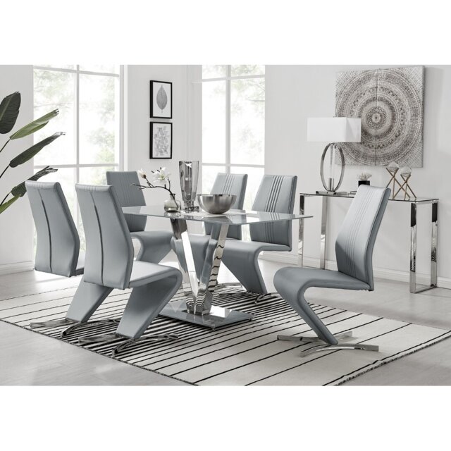 Ransart Modern Luxury Glass & Metal Dining Table Set With 6 Modern Design Faux Leather Dining Chairs