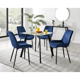 Scandinavian Style Glass and Metal Leg Square Dining Table Set - 4 Modern Velvet Dining Chairs