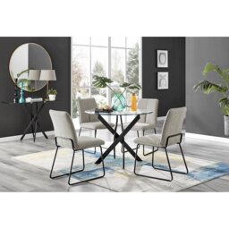 Tierra Modern Glass & Metal Round Dining Table Set & 4 Luxury Fabric Dining Chairs