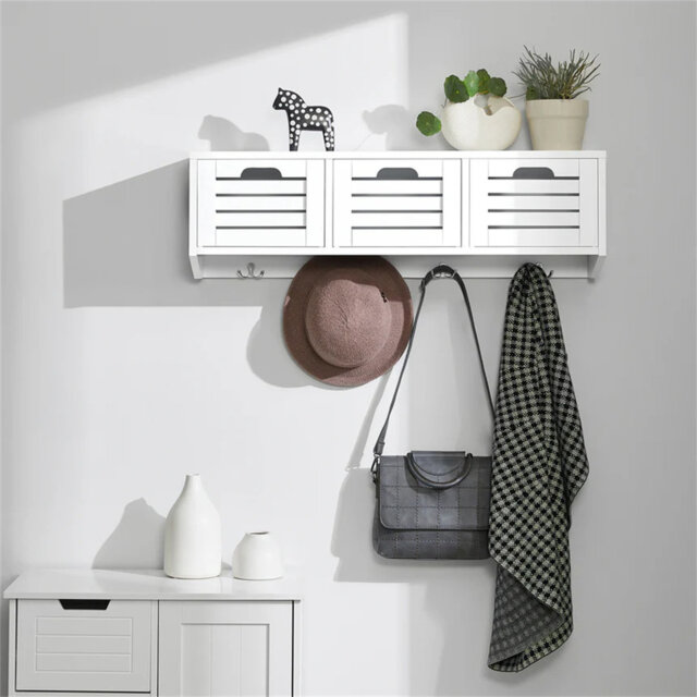 Wall Coat Rack Wall Storage Cabinet Unit With 3 Drawers 4 Hooks
