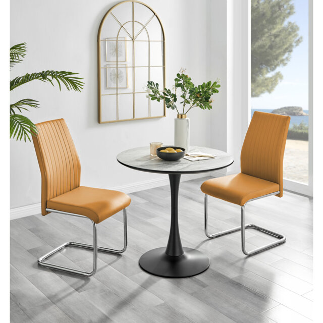 Ellis White Marble Effect Melamine Round Dining Table Set with 2 Upholstered Faux Leather Chairs