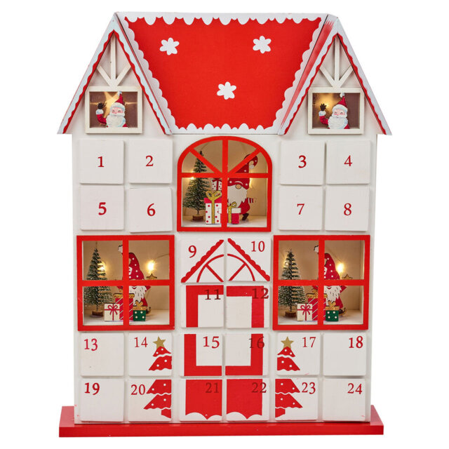 Wooden House Advent Calendar Christmas Xmas Santa LED Lights 24 Drawer Countdown