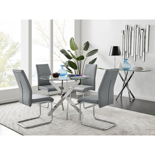 Tierra Modern Chrome Metal & Glass Round Dining Table Set with 4 Upholstered Faux Leather Chairs