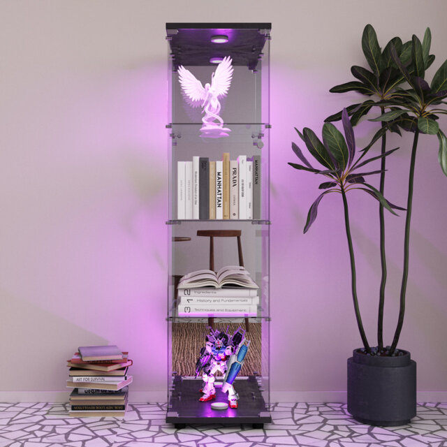 Marialyce 4-Tier Glass Display Cabinet with LED Lighting, Lockable Single Door Curio Cabinet with Key, Mirror Back Display Case for Collectibles, Figu