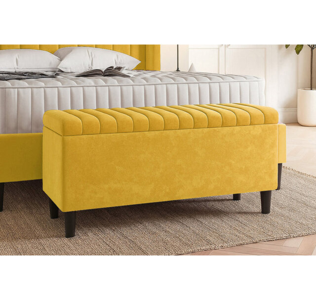 Plush Velvet Lined Upholstered Ottoman Storage Box with Wooden Legs