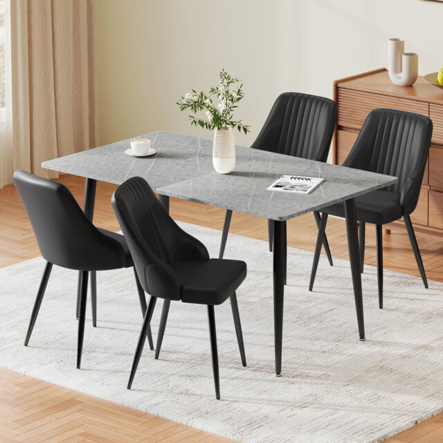 Dining Table and Chairs, 120cm Marble Effect Kitchen Table Set with Upholstered PU Leather Chairs, Modern Dining Room Furniture