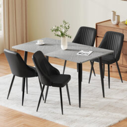 Dining Table and Chairs, 120cm Marble Effect Kitchen Table Set with Upholstered PU Leather Chairs, Modern Dining Room Furniture