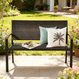 2-Person Outdoor Garden Bench with Acacia Wood Armrests