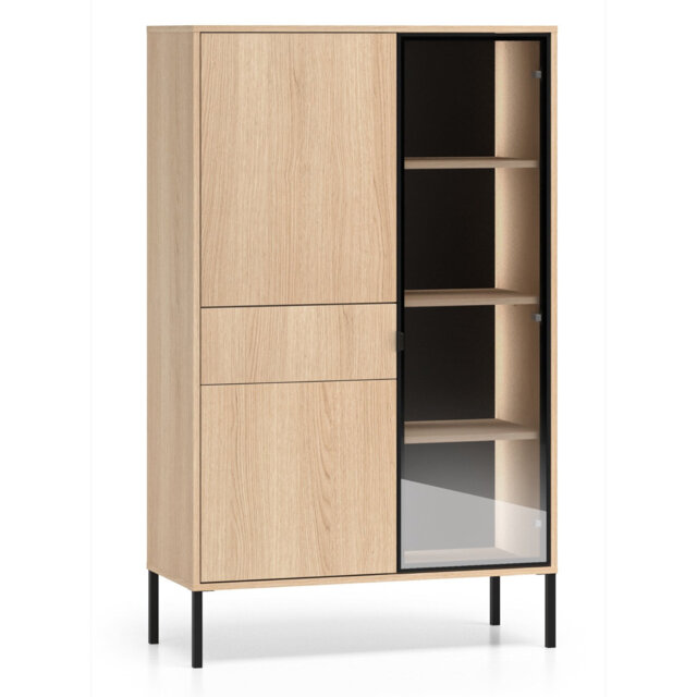 Barnee 3-Door Display Cabinet with Drawer and Lighting 92 cm, Lindberg Oak