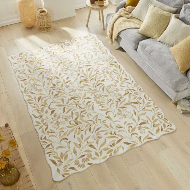 Floral Ivory Gold Washable/Stain Guarded Area Rug
