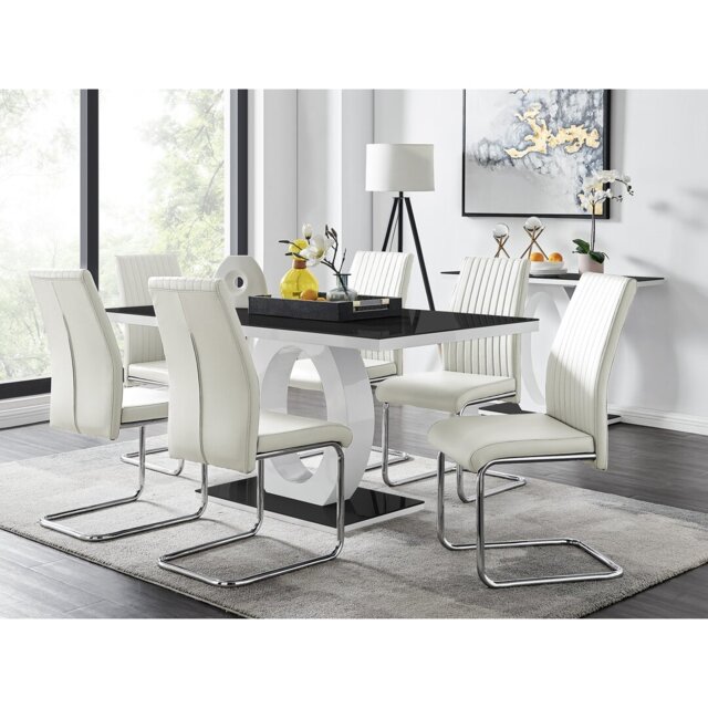 Scottsmoor Modern High Gloss & Glass Dining Table with 6 Luxury Faux Leather Chairs
