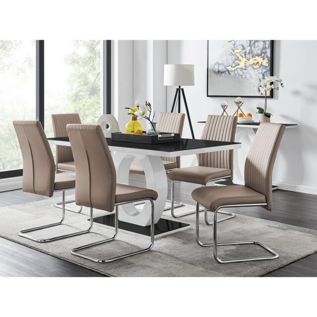 Scottsmoor Modern High Gloss & Glass Dining Table with 6 Luxury Faux Leather Chairs