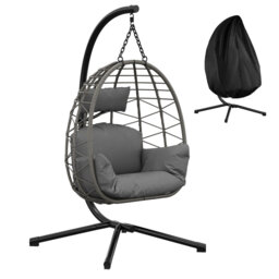 Collapsible Hanging Egg Chair with Stand – Grey Rattan, Waterproof Cushion & Headrest, Adjustable Height, Sturdy Metal Frame, 130kg Capacity, Indoor/O