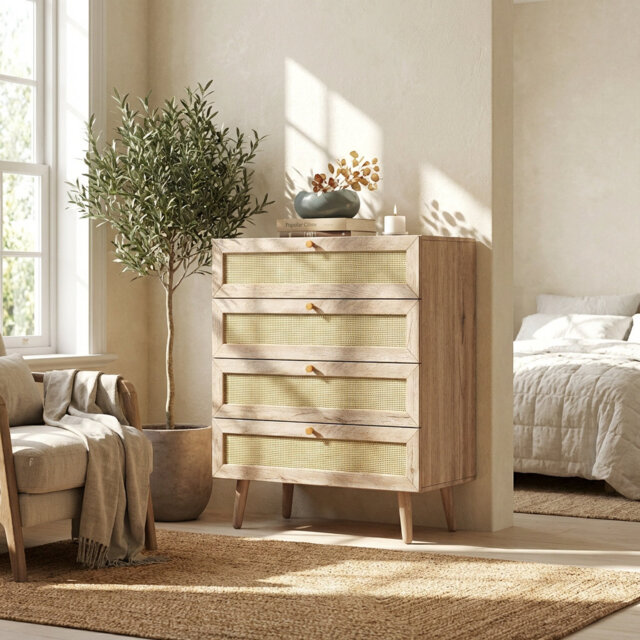 Annela Oak & Rattan 4 Drawer Chest Of Drawers