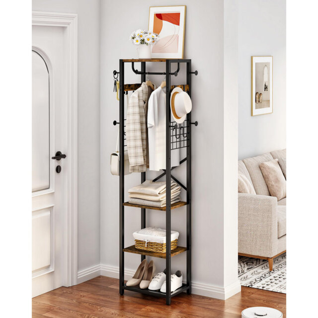 Coat Rack Freestanding, Hall Tree With 3 Storage Shelves, Coat Stand With 16 Hooks And Hanging Rail, Industrial Clothes Stand For Entryway, Hallway, B