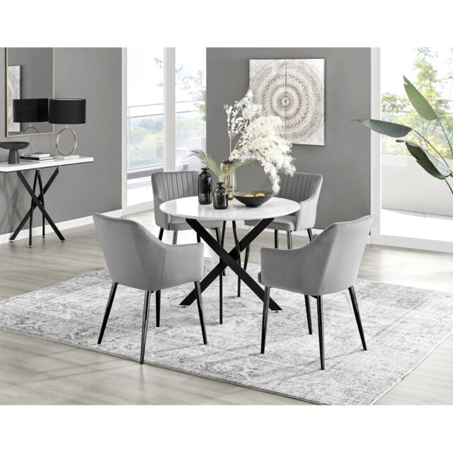 Tierra Modern Metal & Glass Round Dining Table Set with Luxury Chairs