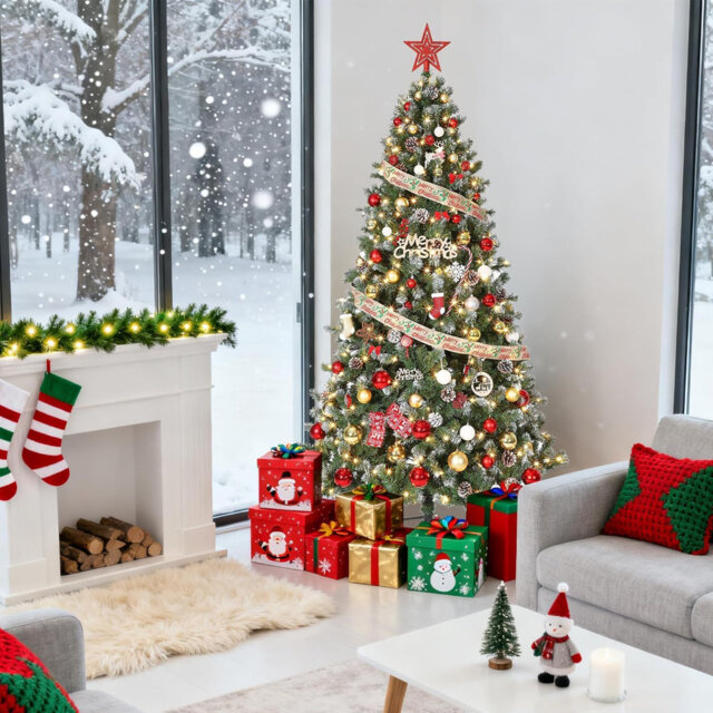 6/7.5FT Pre-Lit Artificial Christmas Tree, Snow Flocked Xmas Tree with Pine Cones & 180 Warm Lights & Bushy 788 Tips, Partially Flocked Design Spruce