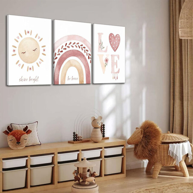 3 Pcs Nursery Canvas Wall Art Pink Sun Rainbow Hearts Posters Prints Boho Kids Room Pictures Wall Decor For Toddlers Children Baby Bedroom Home Decora