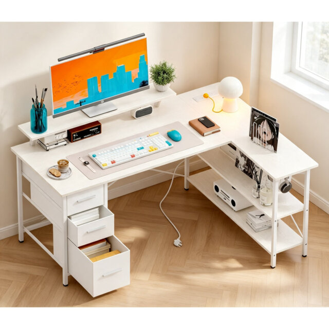120 x 80 cm Corner Computer Desk with Drawers, Reversible L-Shaped Home Office Desk with Power Outlet, Monitor Stand & PC Stand, Gaming Workstation, W