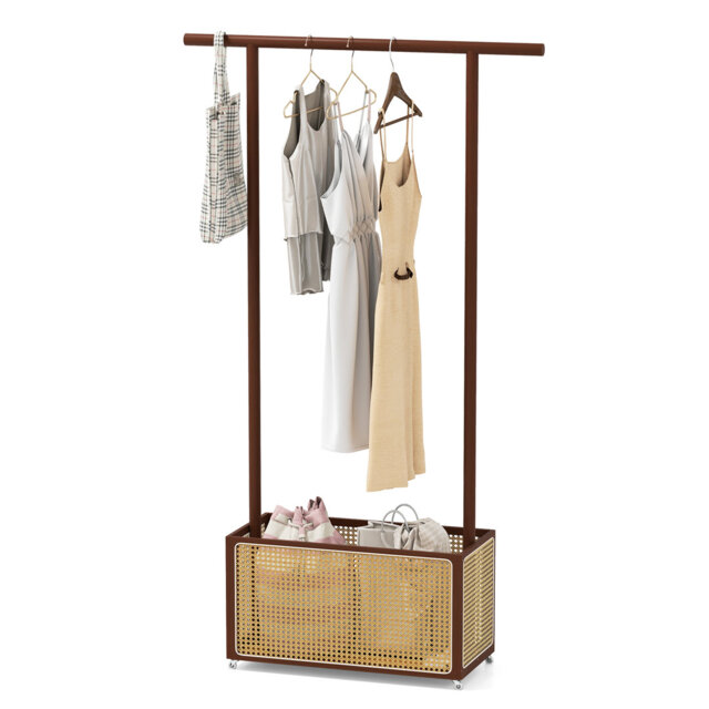 Bamboo Clothes Rack Coat Hanger Stand with Rattan Storage Basket