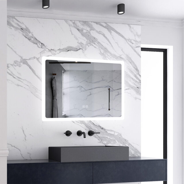 70*50cm LED Bathroom Mirror,Bluetooth,Shaving Socket,3 Colors Dimmable Brightness,Anti-fog