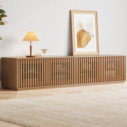 Wood Grain Slatted TV Stand, Modern Low Profile Media Console Cabinet with Storage Shelves