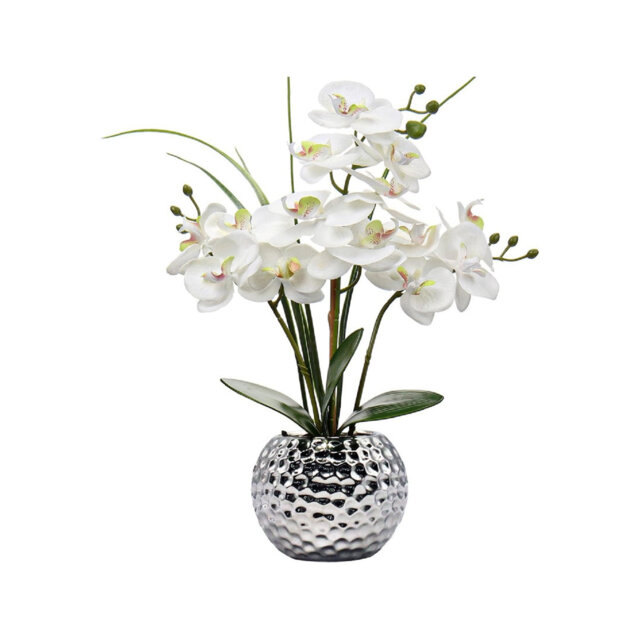 "20.8"" Artificial Flowers Silk Orchid in Silver Ceramic Pot, Silk Flowers Orchid Plant White Artificial Phalaenopsis Flowers"