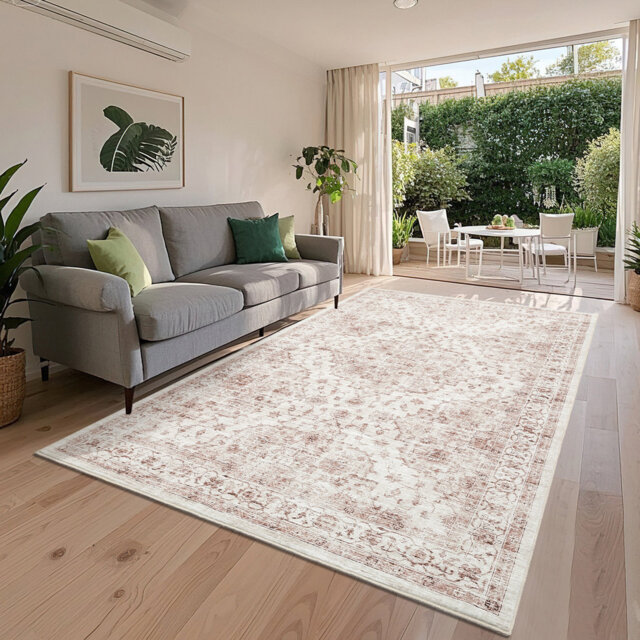 "3.9Ã5.6Ft Pink Vintage Distressed Area Rug - Ultra-Thin 0.25"" Low Pile Non-Shedding Non-Slip Rug for Living Room Bedroom Hallway"