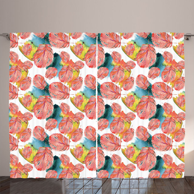 Rustic curtain, pastel bird feathers, autumn theme, apple green and dark coral