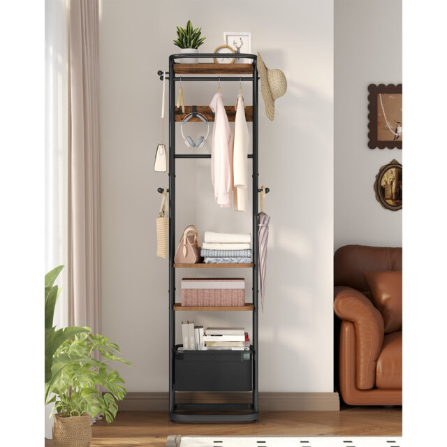 Coat Stand, Wooden Coat Rack with 3 Shelves and 11 Hooks, Freestanding Clothing Tree Hall Organiser, for Scarves, Shoes, for Bedroom, Hallway, Living