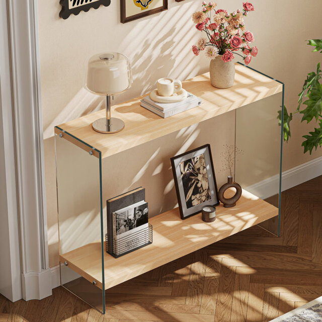 Rectangular Tempered Glass Console Table Entryway Storage Table With Wood-toned Mdf Top And Storage Shelf For Hallway, Living Room, Foyer, Apartment,